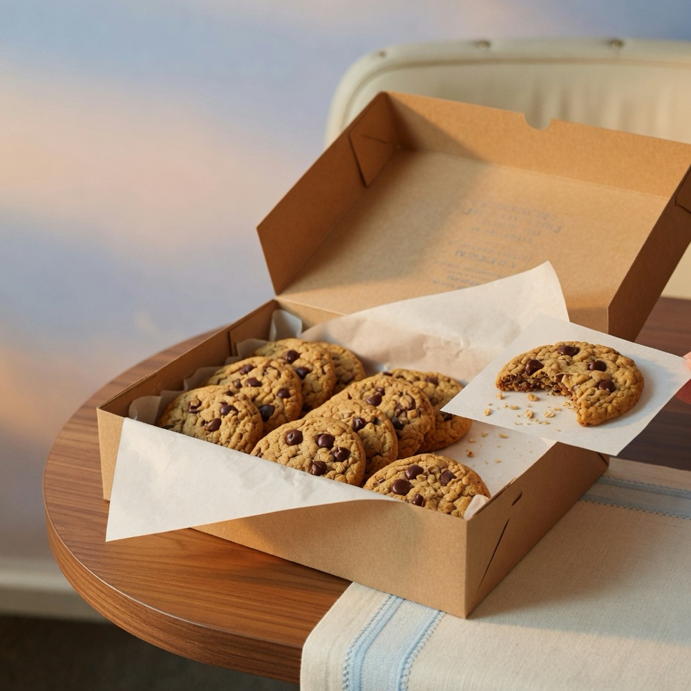 Open kraft box of homemade oatmeal chocolate chip cookies on a cabin table at golden hour, one bitten cookie offered on parchment