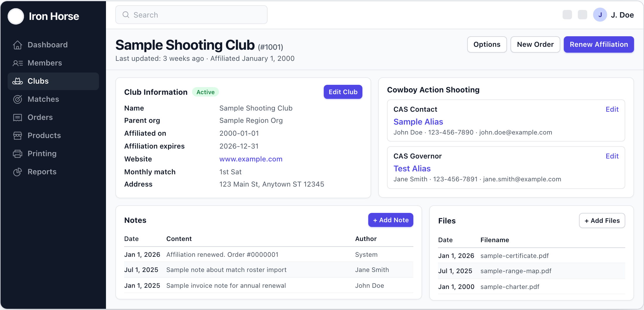 Modern club management web app — side navigation, club details, and contact cards