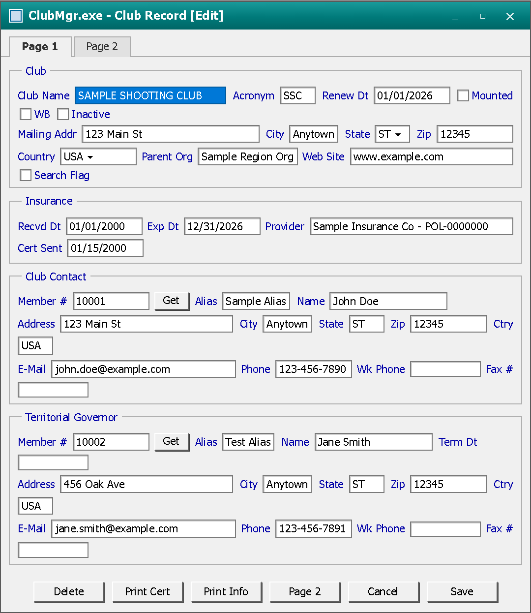 Legacy Visual Basic club record form — dense fields, group boxes, and a fixed window layout