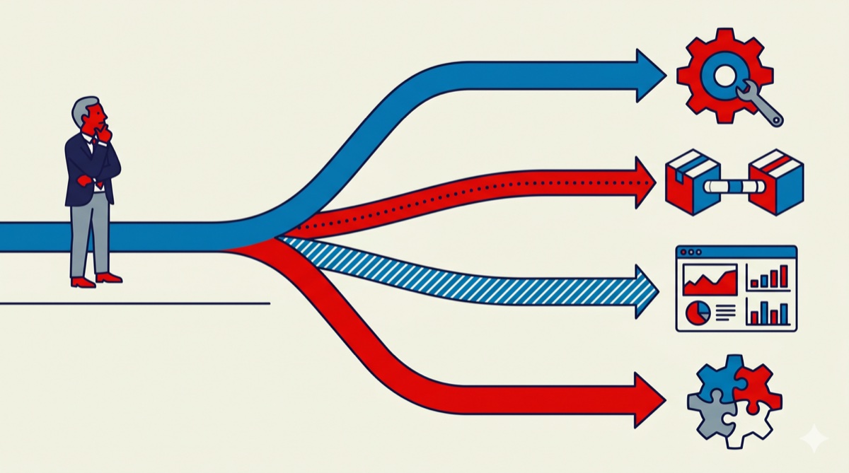 Illustration of a person at a fork that branches into four paths, each ending in an icon representing a different ERP outcome: a gear, linked boxes, a dashboard, and puzzle pieces.